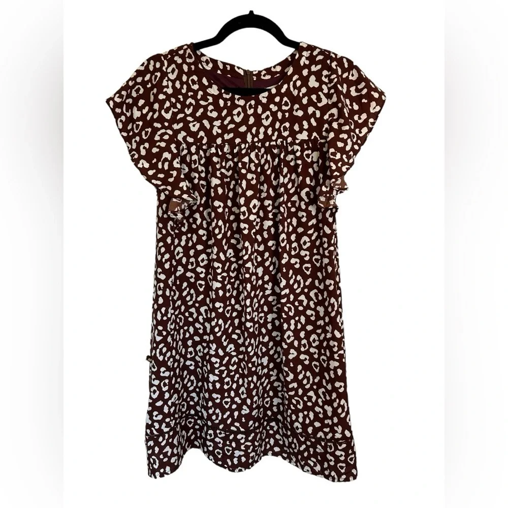 &merci Brown & White Leopard Ruffle Short Sleeve Swing Dress Size Large NWT - Picture 2 of 8